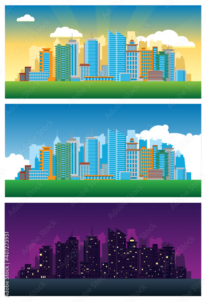 City Scapes Illustration ( Skyline Morning, Mid-Day, Evening)