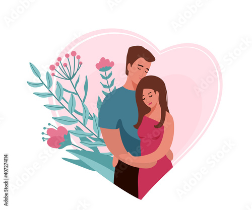 Man hugging and kissing woman in heart shape background with floral elements. Happy family couple vector illustration. Husband and wife concept. Isolated on white background
