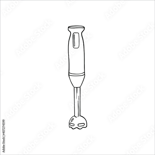 Hand blender for cooking. Hand-drawn illustration in line graphics. For cutting vegetables, berries, cutting meat. Appliances for vegetarians and vegans. Household appliances for cooking healthy food.