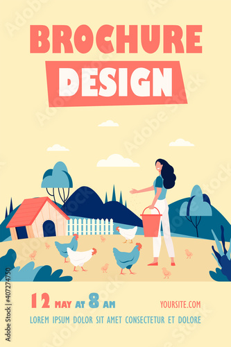 Happy woman feeding domestic birds flat vector illustration