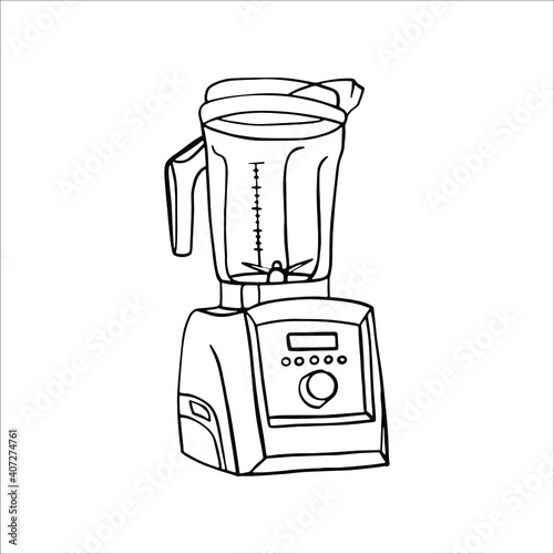 Kitchen mixer with buttons. Hand-drawn illustration in line graphics. Blender for fruits, vegetables and berries. Appliances for vegetarians and vegans. Household appliances for cooking healthy food.