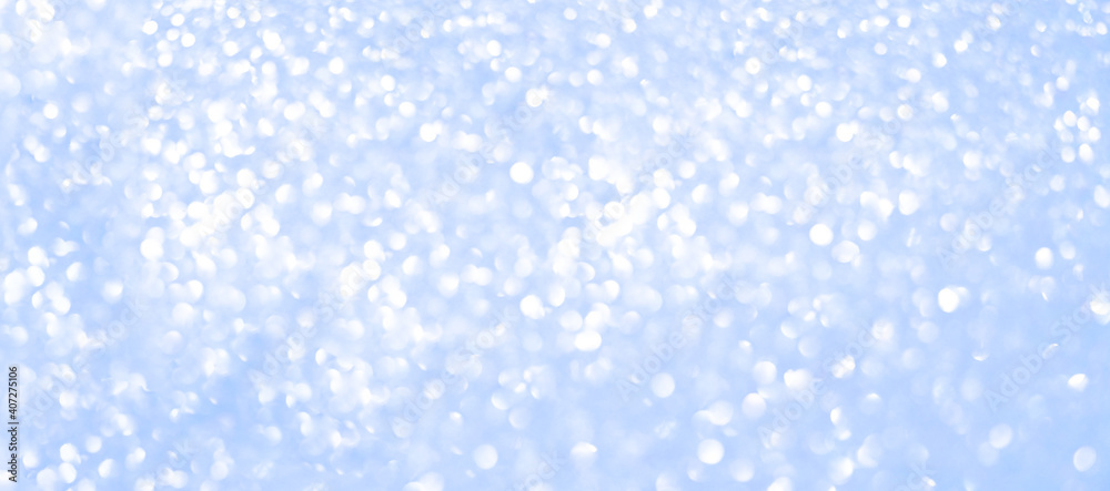 Festive blue background with sequins and rhinestones, bokeh lights. High quality banner