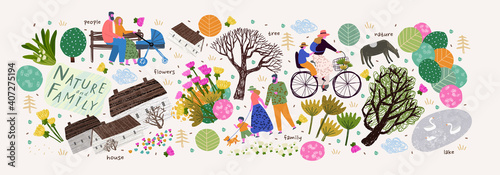 Nature, family and people. Vector illustration of a house, lake, village, tree and flowers. Drawings and objects for poster, background or pattern