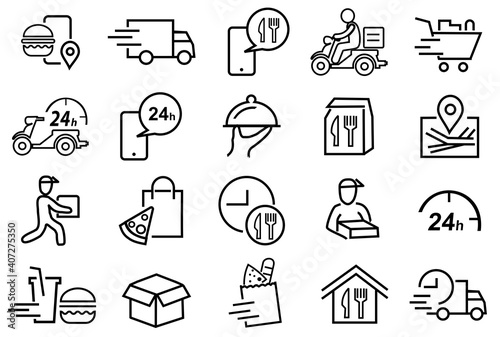 20 Set of Food Delivery Related Vector Line Icons. Contains such Icons as Courier, Food Box, trolley, motorcycle, Food Packages, Contactless Delivery, and more, Editable Stroke 
