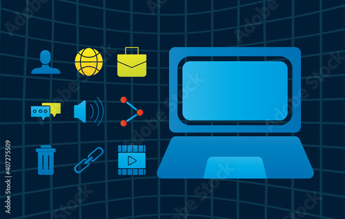 bundle of nine social media marketing set icons and laptop