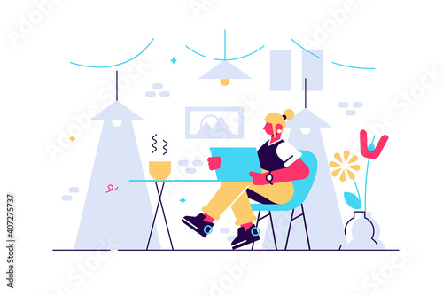 Cute young woman sitting on comfy chair with laptop computer