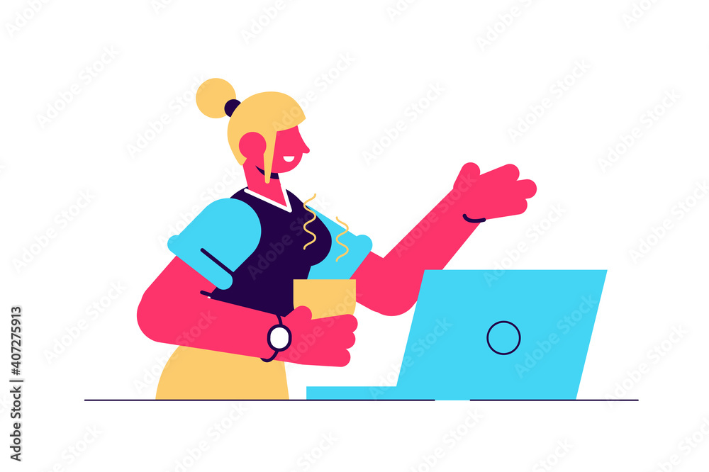 Young smiling woman working at table on laptop. Female in glasses Young smiling woman working at table on laptop. Female in glasses