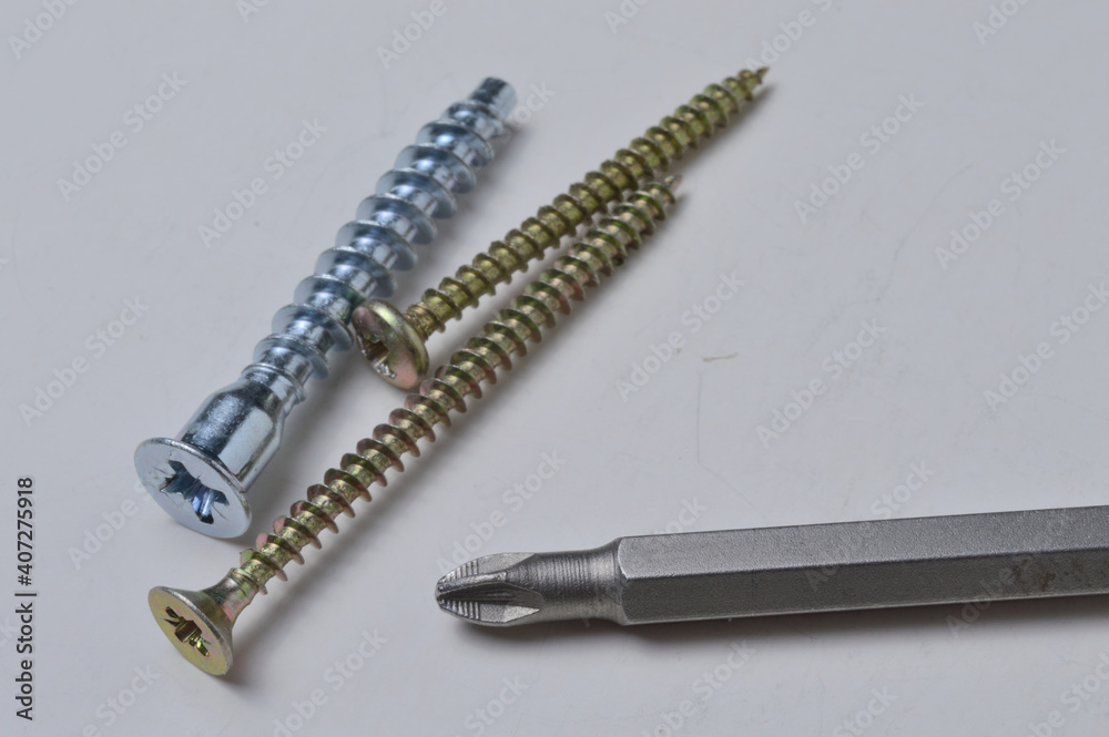 several screws and a bit from a screwdriver lie on a light background. close-up. several screws and a bit from a screwdriver lie on a light background. close-up.