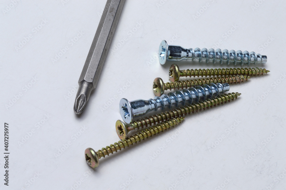 several screws and a bit from a screwdriver lie on a light background. close-up. several screws and a bit from a screwdriver lie on a light background. close-up.