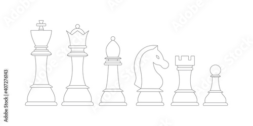 Chess pieces line vector icon set isolated on white background.  Lineart chess figures - king, queen, bishop, knight, rook, pawn strategic game disign elements. Flat design cartoon style illustration