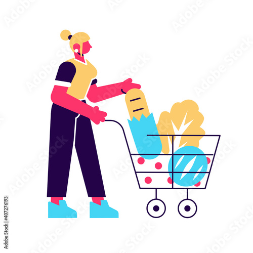 Cartoon female with shopping cart full of products vector