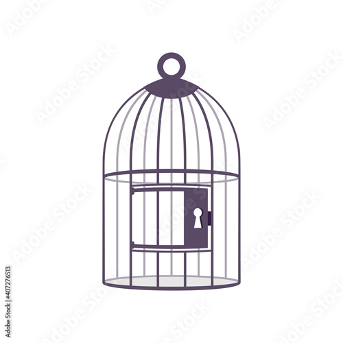Bird cage with locked door. Vector illustration flat design. Isolated on white background. A template element for a prisoner or animal. Easy to edit.