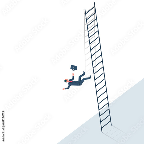 Falling businessman from the high stairs. Career growth. Rapid fall as a symbol of crisis and bankruptcy. Vector illustration flat design. Isolated on white background.