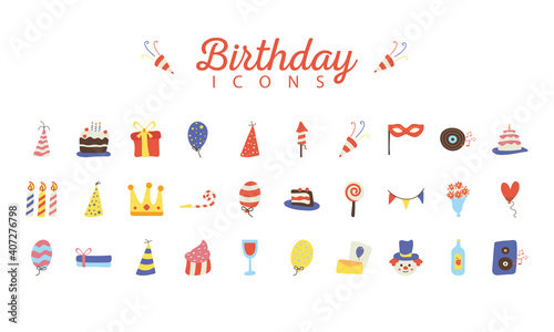 bundle of thirty happy birthday celebration flat style icons and lettering