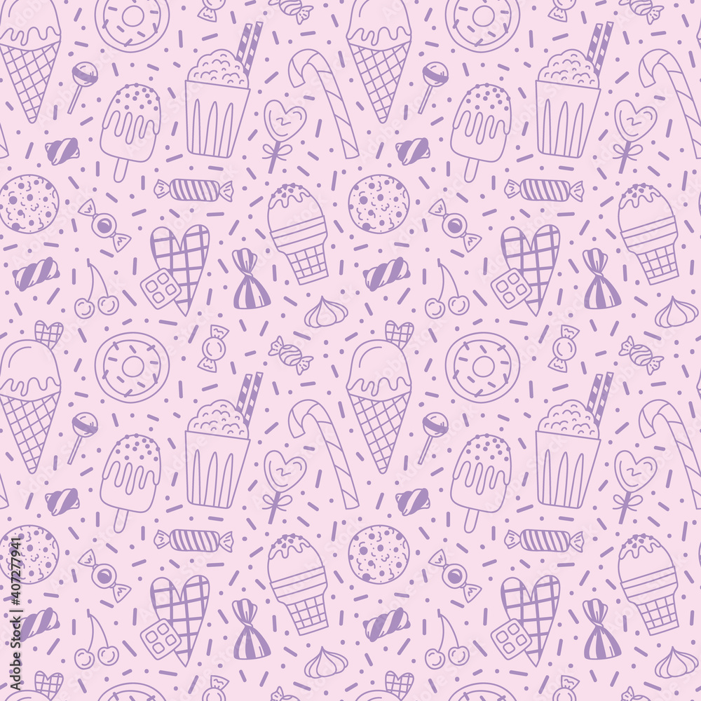 Vector seamless pattern with sweets, ice cream, chocolate candy. Light purple doodle elements on pastel pink background. Sweet and cute pattern for wrapping paper, wrapper, fabric etc. Vector seamless pattern with sweets, ice cream, chocolate candy. Light purple doodle elements on pastel pink background. Sweet and cute pattern for wrapping paper, wrapper, fabric etc.