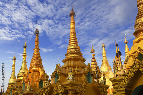 detail view to a group of golden stupas at the Shwedagon Pagoda in Yangoon  Myanmar  Burma 
