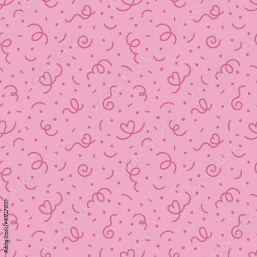 Vector seamless pattern with confetti, ribbon confetti, hearts, dots on pink background. Festive pattern for Valentine's Day, wrapping paper, wrapper, label, textile etc. Pink doodle confetti pattern.