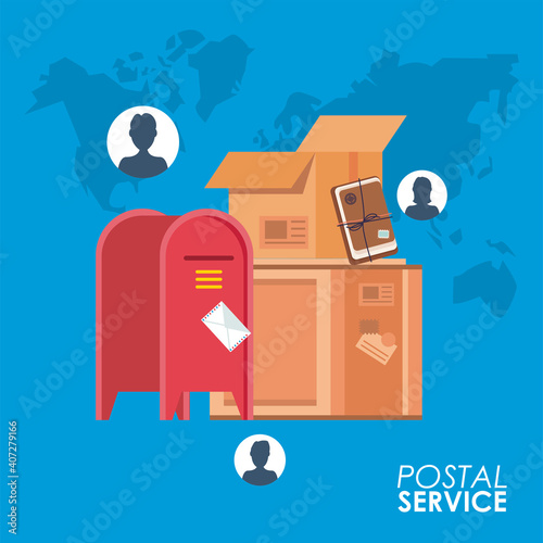 boxes packings and mailbox with persons postal service
