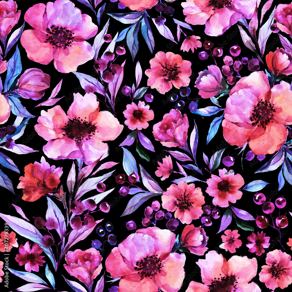 watercolor flowers seamless pattern on black background . hand drawn watercolor art