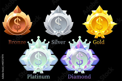 Vector awards medals dolllar gold, silver, bronze, platinum and diamond.