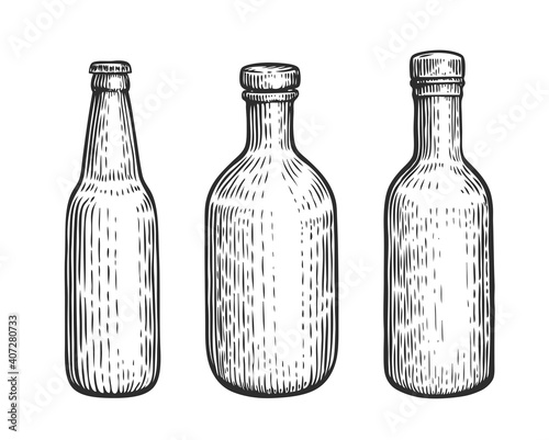 Glass bottles set. Alcoholic beverages sketch vintage vector illustration