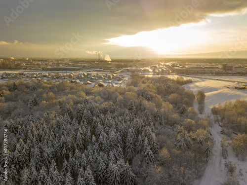 Drone view of a beautiful snow-covered forest in the sun  away from the city  industrial pipes with smoke. Beautiful winter landscape