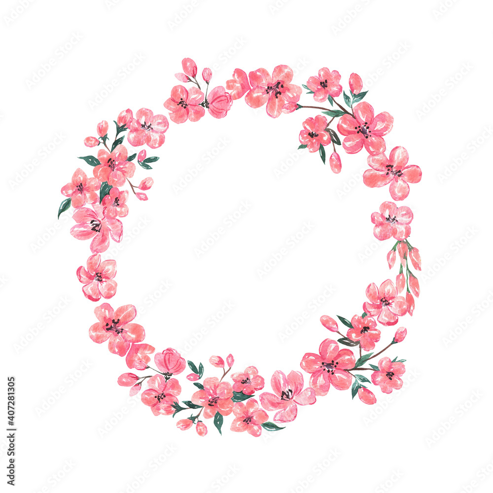 Decorative pink flower round frame. Hand drawn watercolor illustration.