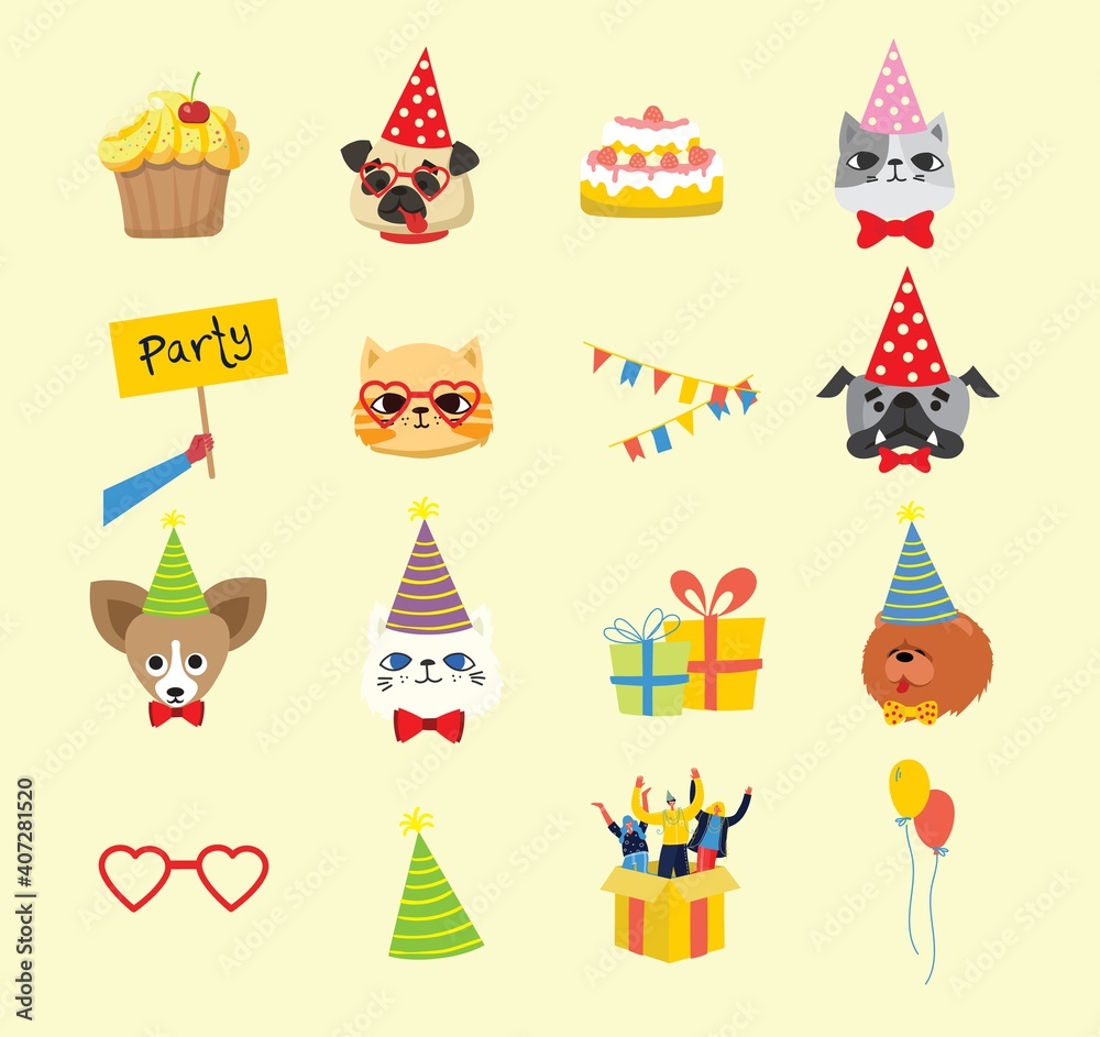 Puppy party background. Cute greeting card with presents, dogs, cats and puppies