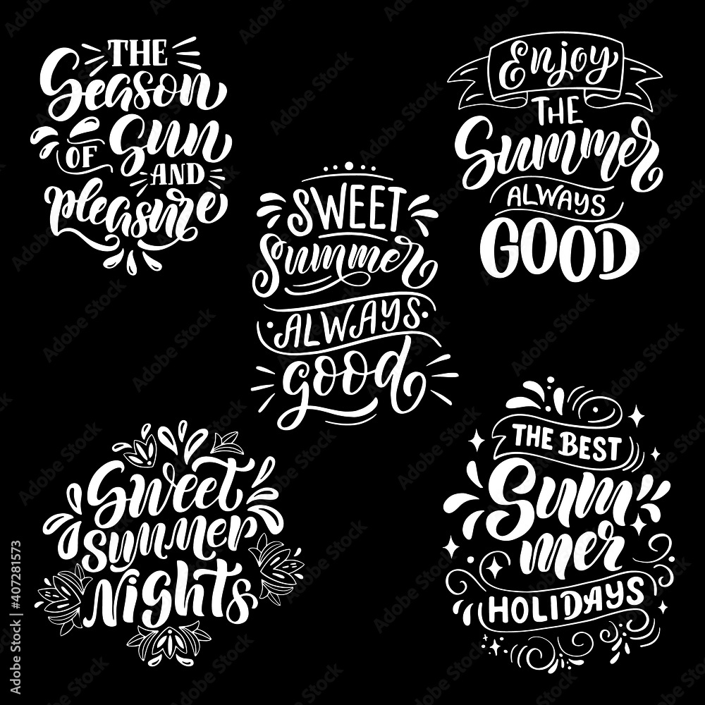 Set of lettering compositions about summer in vector graphics, on a black background. For the design of postcards, posters, banners, prints for t-shirts, covers, mugs, pillows