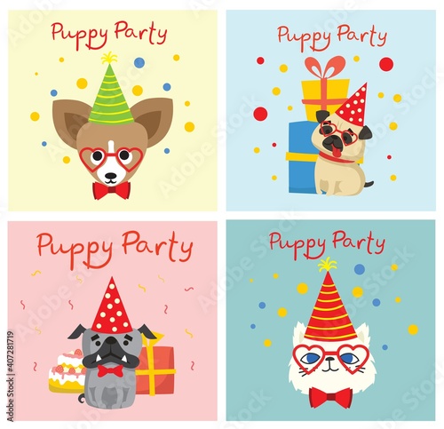 Puppy party background. Cute greeting card with presents, dogs, cats and puppies