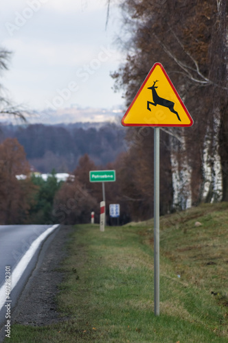 Road in Poland with deer crossing warning sign