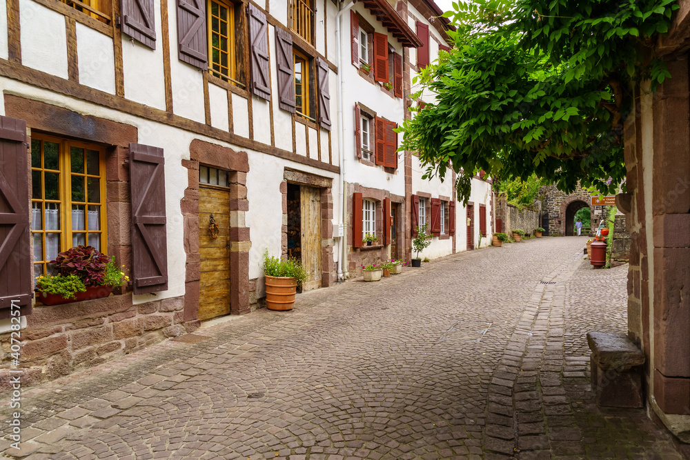 Streets, houses and typical architecture of the village San Juan Pie de Puerto in the French Basque country.
