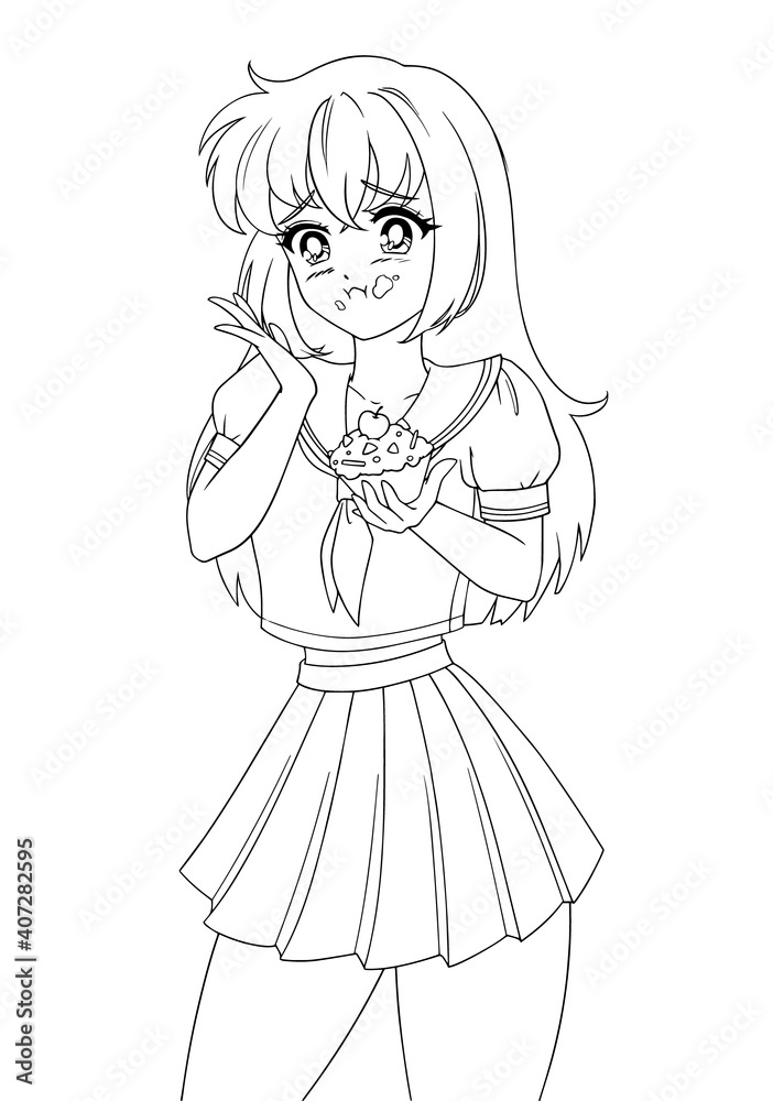 Cute anime girl eating cupcake and wearing school uniform.