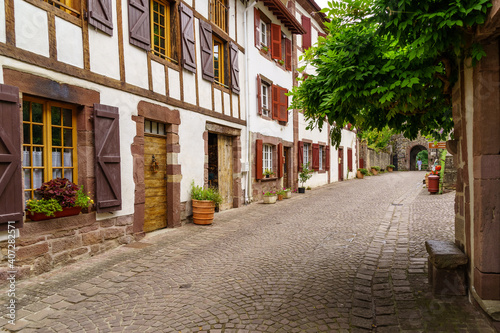 Streets  houses and typical architecture of the village San Juan Pie de Puerto in the French Basque country. 