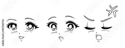 Anime and manga faces set. different expressions.