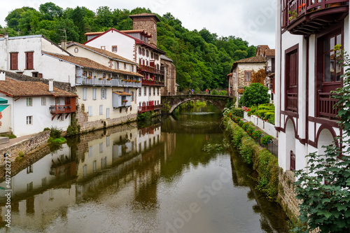 Streets, houses and typical architecture of the village San Juan Pie de Puerto in the French Basque country.
