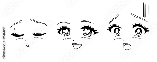 Anime and manga faces set. different expressions.