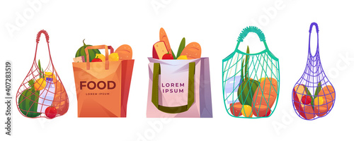 Net, paper and cotton shopping bags with grocery isolated on white background. Vector cartoon set of reusable eco package, mesh bags with fresh food, fruits, vegetables, milk and bread