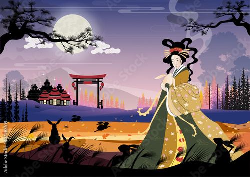 Vector Mid Autumn Festival with fairy Chang'e, The Chinese Goddess of the Moon with rabbit jade, Autumn landscapes with Chinese temple and family rabbit celebration on full moon at night.