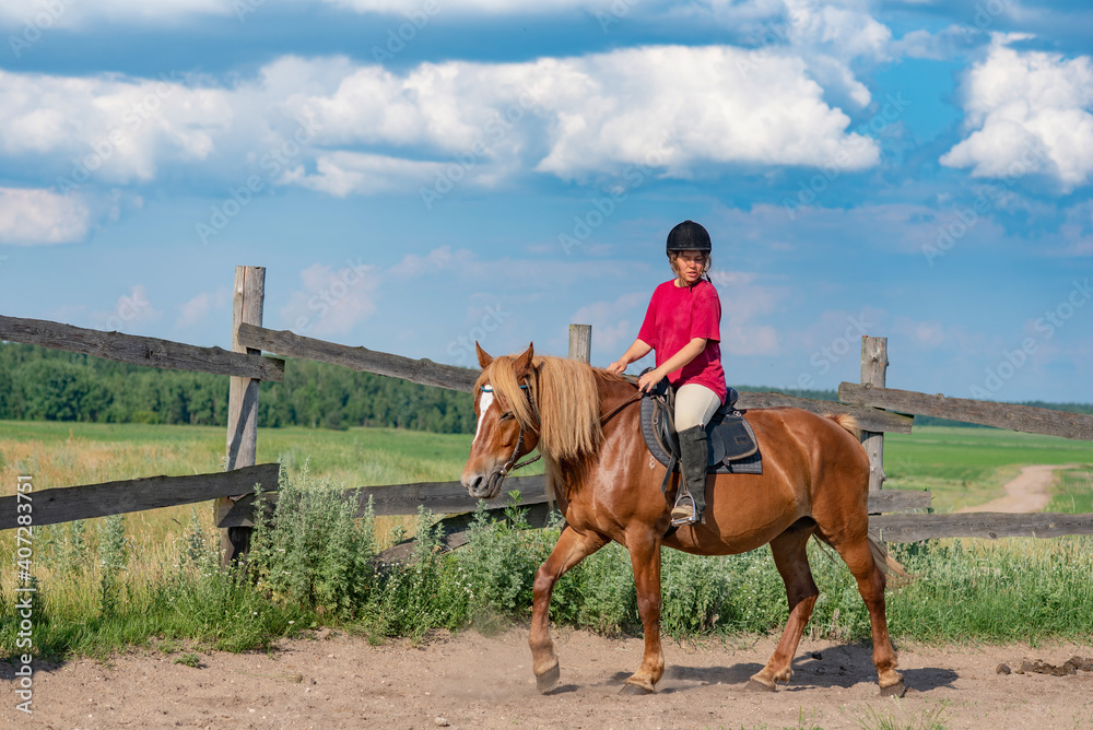 A young beautiful girl in a jockey cap and a red T-shirt rides a horse. A young beautiful girl in a jockey cap and a red T-shirt rides a horse.