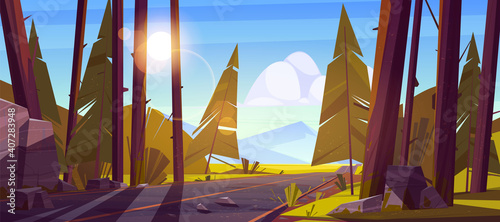 Landscape with road through forest and mountains on horizon. Vector cartoon illustration of nature scene with car highway, coniferous trees, stones and mountain valley. Trip and journey concept