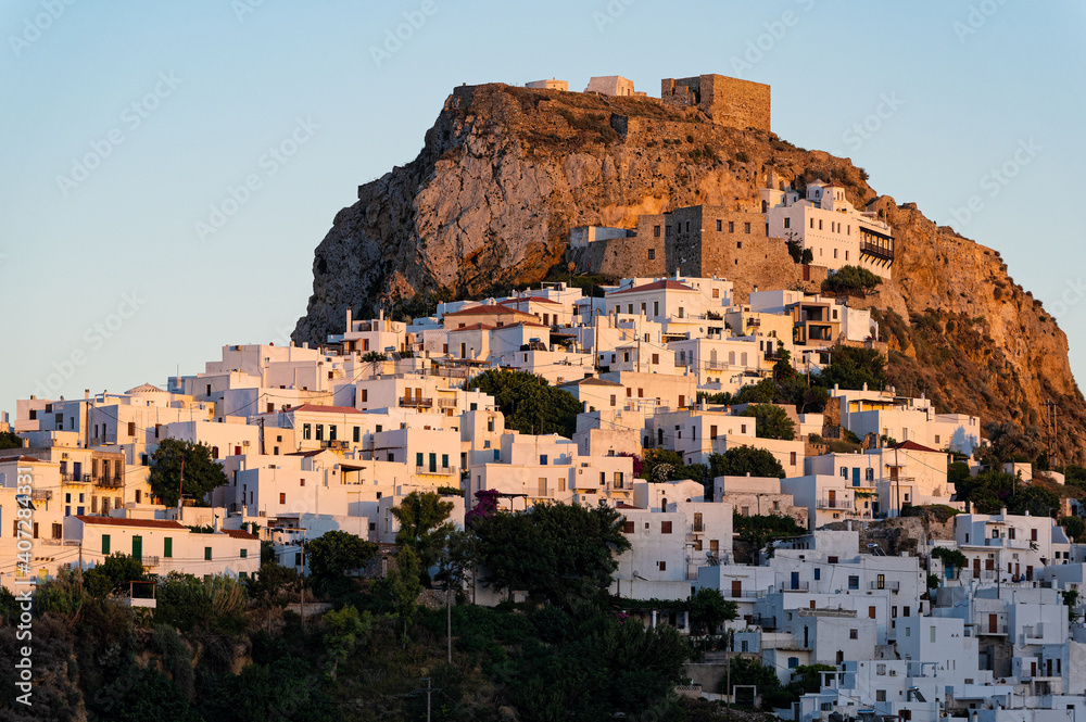 Distant view of Skyros town or Chora, the capital of Skyros island in Greece at sunset