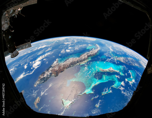 Fototapeta Naklejka Na Ścianę i Meble -  View of Cuba, The Bahamas,southern Florida and Caribbean from the International Space Station. Elements of this image furnished by NASA.