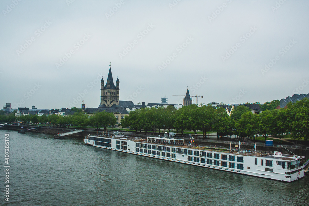 Rhine river in Cologne, Germany. Idyllic scenery in the city centre of Cologne.