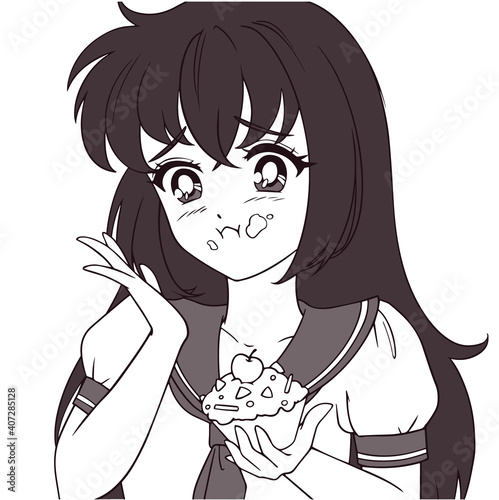 Cute anime girl eating cupcake and wearing school uniform.