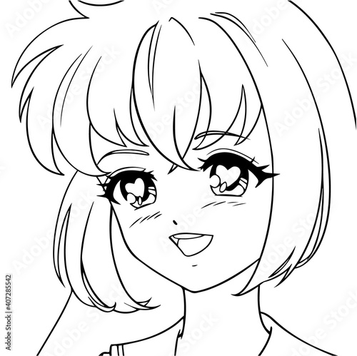 Cute anime girl icon portrait. Contour vector illustration.