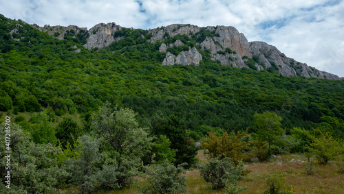 Inaccessible rocks surrounded by green forests and shrubs in hot summers in clear sunny weather.