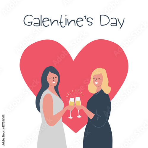 Galentines day. Two young women are drinking wine on a red heart background. Vector illustration