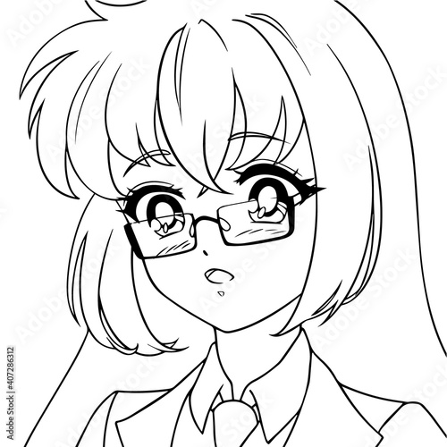 Cute anime girl with long hair wearing glasses.
