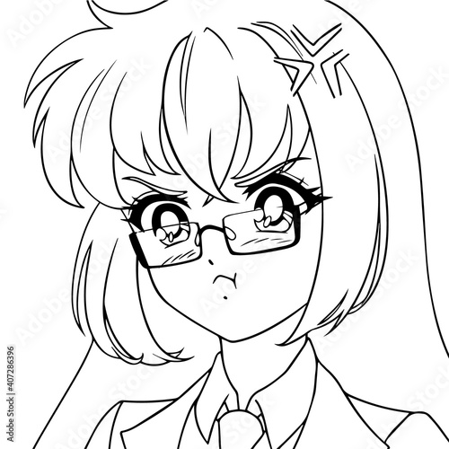 Cute anime girl with long hair wearing glasses.